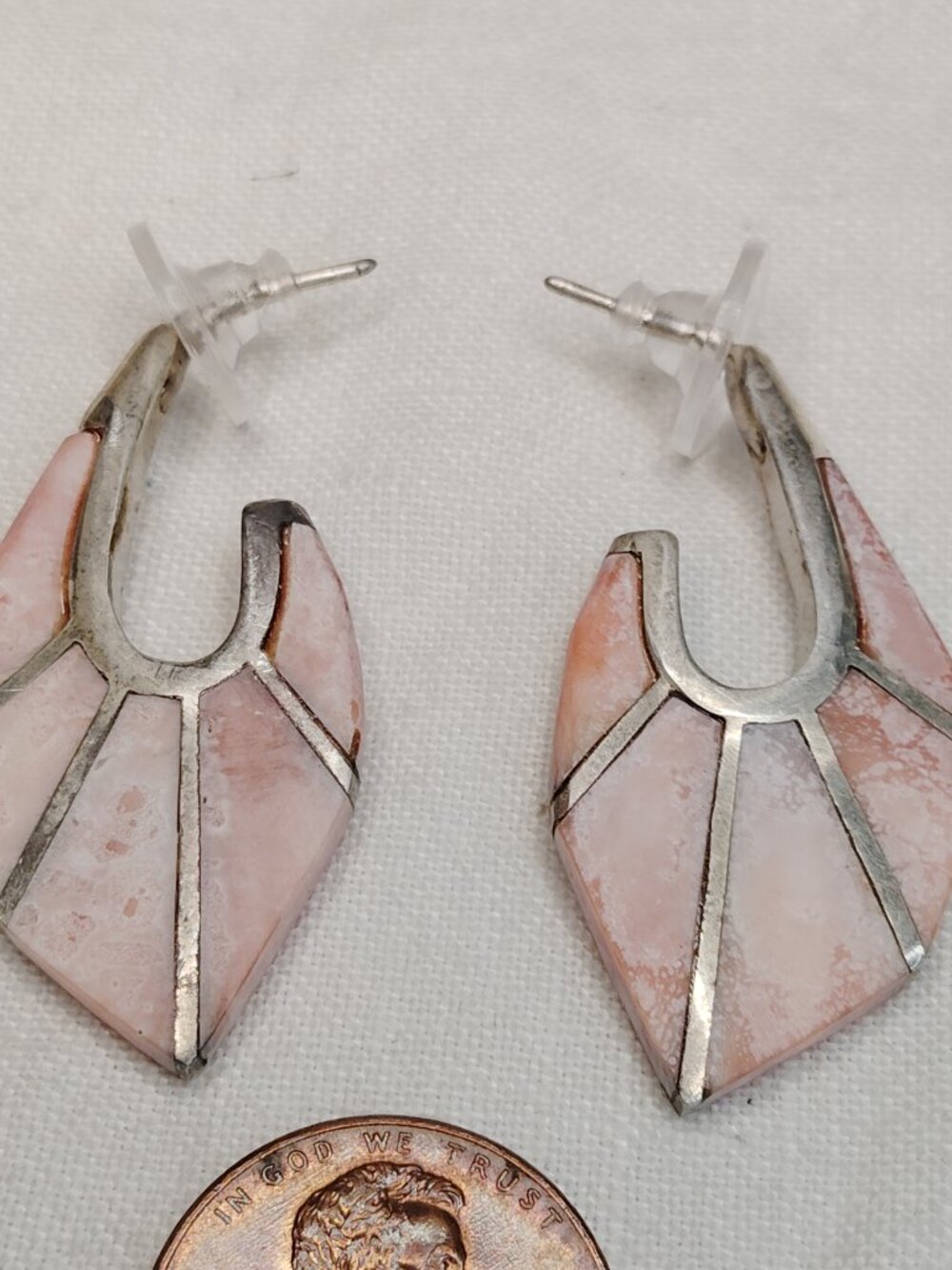Sterling Silver Pink Stone Inlay Earrings – Geometric Artisan 1.5" Drop - Picture 3 of 7